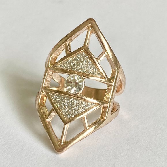 Rose Gold Cubic Zirconia Cocktail Ring Boho Art Deco Size 7 Plated Statement - Picture 1 of 12